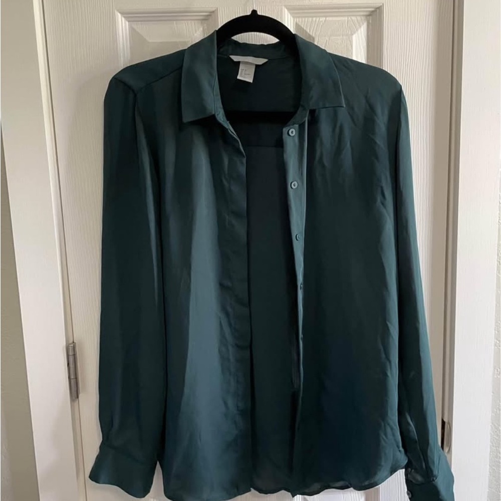 H&M Button Down Shirt Dark Green Sz 2